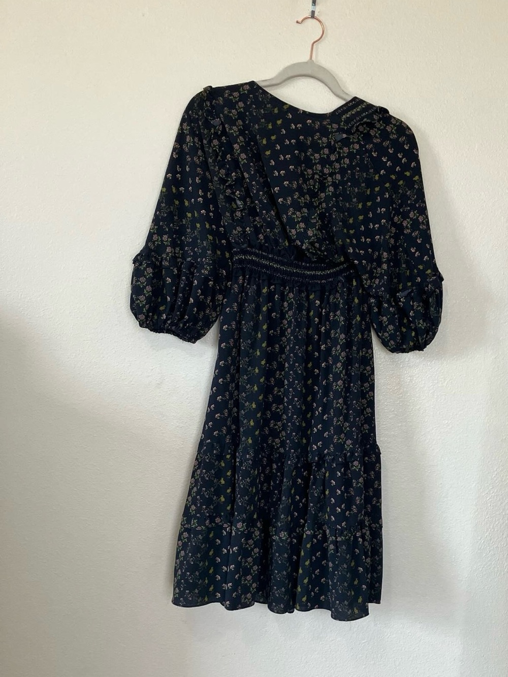 MAX STUDIO BLUE PUFF SLEEVE SMOCKED MIDI EMPIRE WAIST DRESS L $138 - Picture 3 of 9